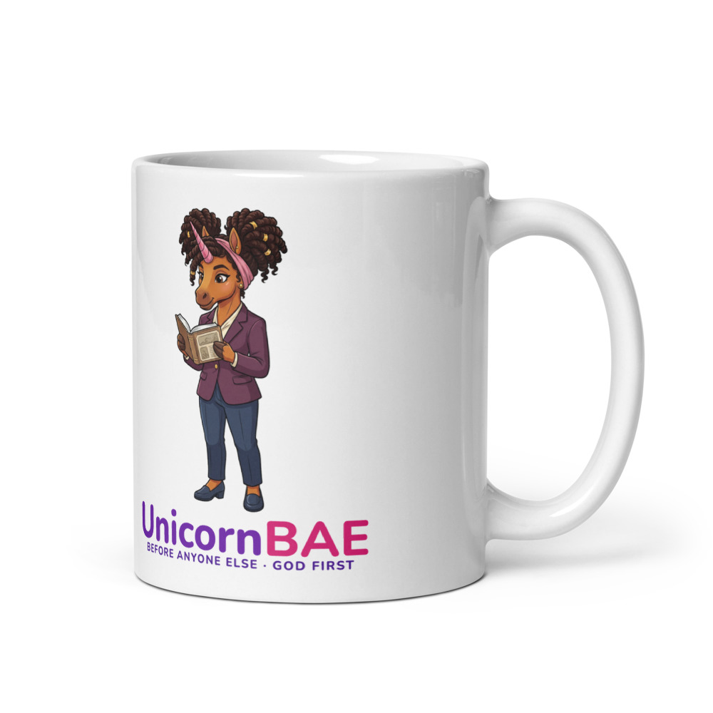 One Of A Kind Mug printed with the UnicornBAE design and the motto Before Anyone Else, God First