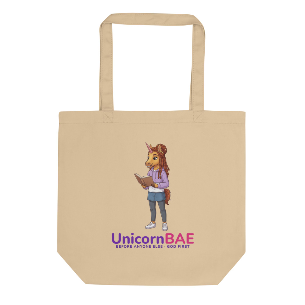 Bookshelf BAE Tote printed with the UnicornBAE design and the motto Before Anyone Else, God First